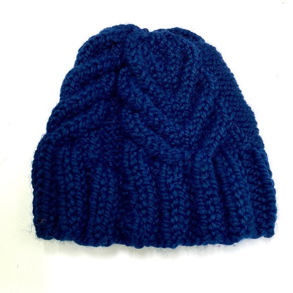 Hand Knit Chunky Beanie with Antler Cable Design in Navy One Size Fits Most - Picture 2 of 7